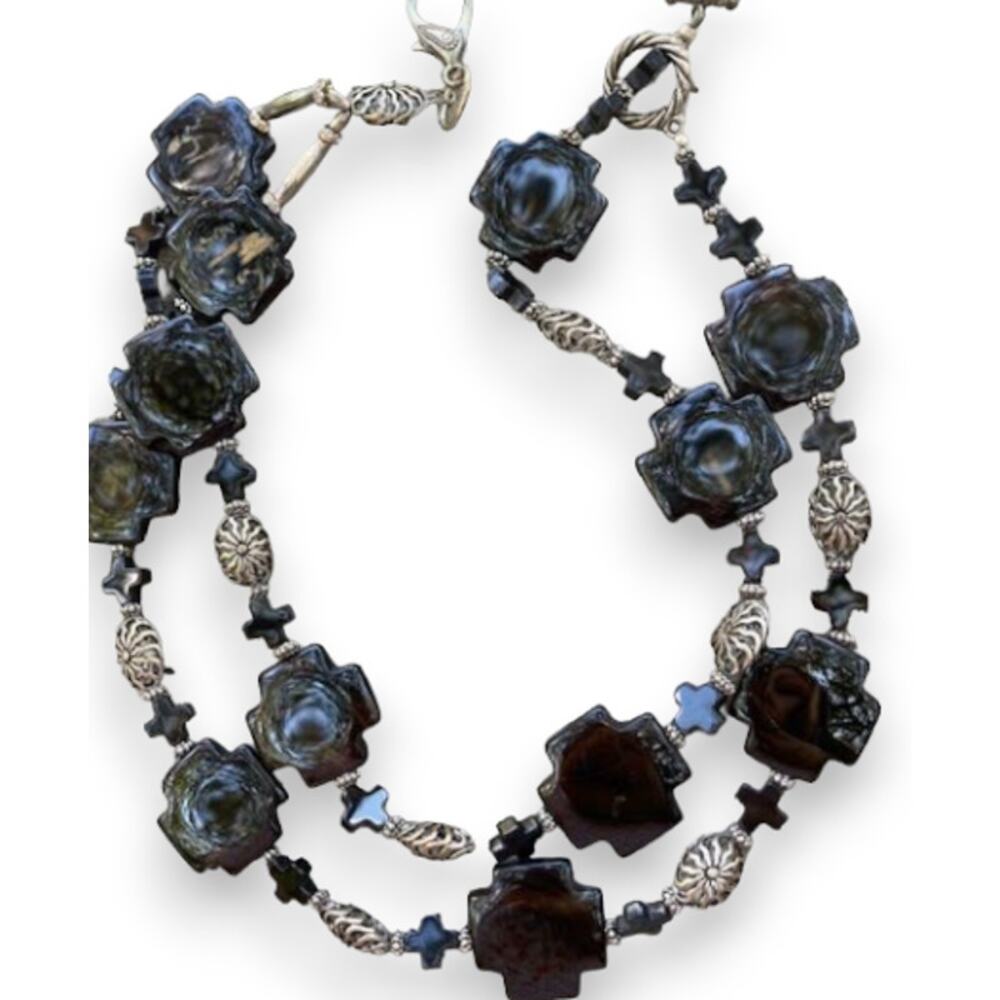 SALE!! Black Onyx Cross Lanyard - Black & Silver Double Strand Chunky Necklace